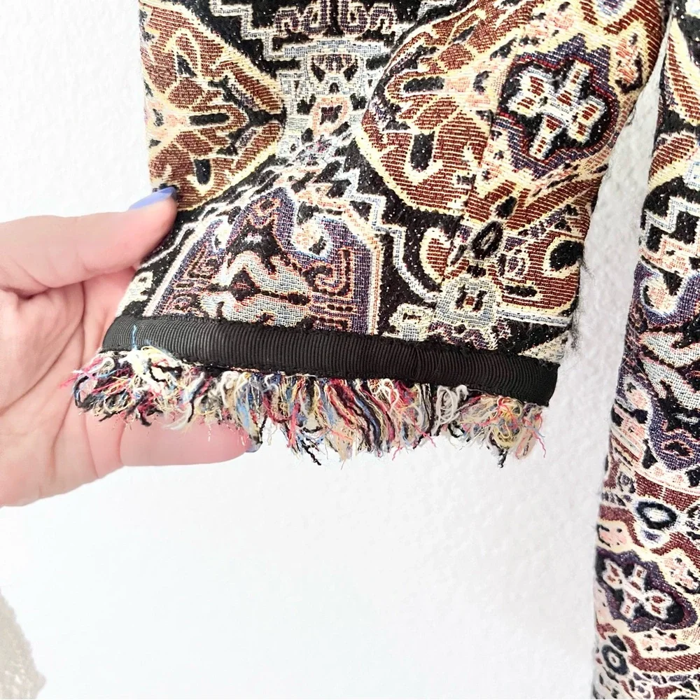 Chico’s Metallic Boho Long Length Jacquard Fringe Jacket Sz 1 (8-10)